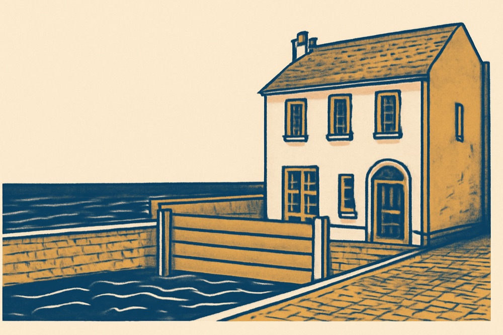 Reihenhaus am Fluss mit Hochwasserschutz und dahinter liegender niedriger Flutmauer, zweifarbige Architekturillustration