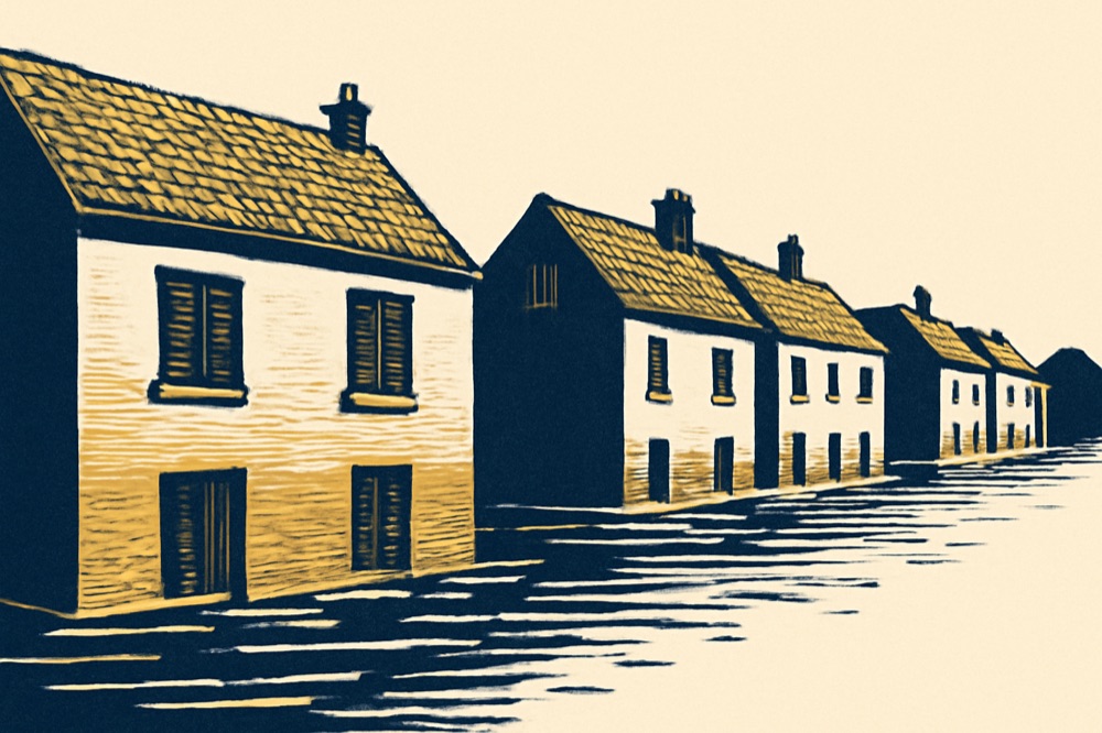 Two‑colour illustration of townhouses beside a swollen river with watermarks on facades