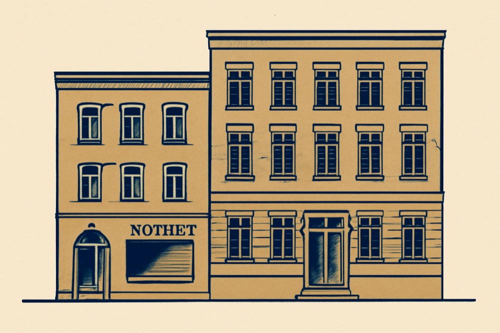 Zweifarbige Illustration einer deutschen Notariatsfassade neben einem Finanzamtsgebäude