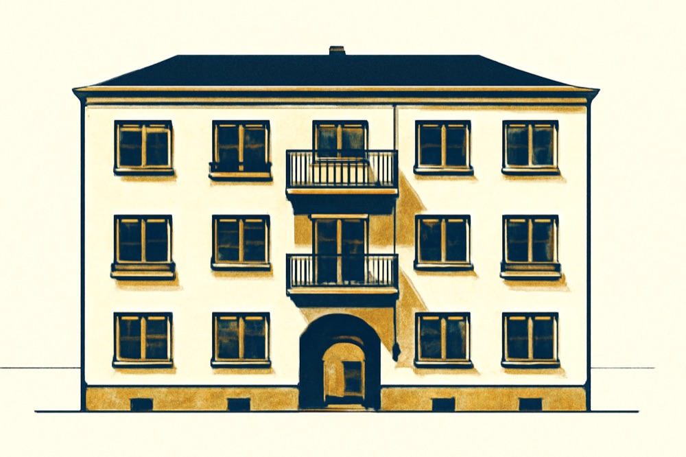 Two‑colour line drawing of a German apartment building façade with balconies and courtyard.