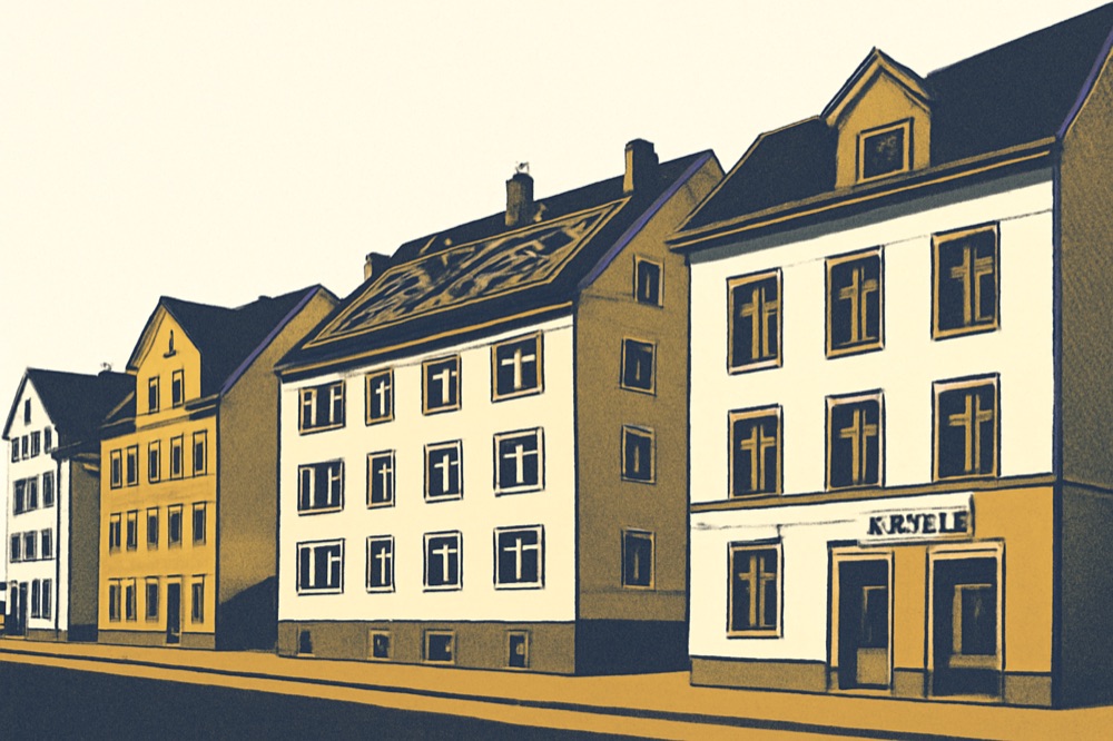 Row of German apartment buildings with solar panels on roofs