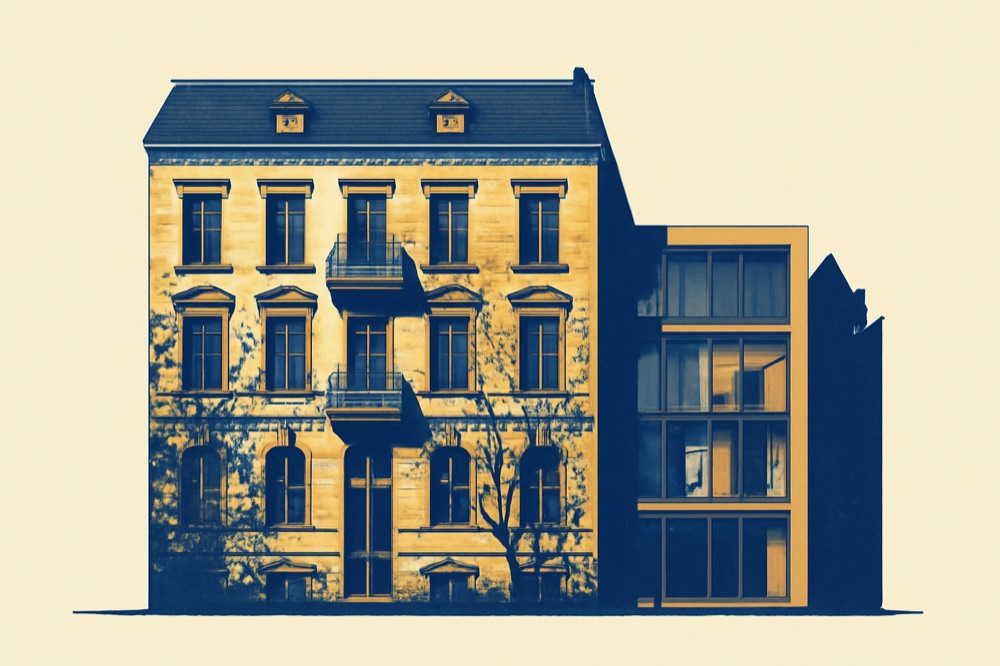 Two‑colour architectural illustration of a Berlin townhouse with a modern glass annex