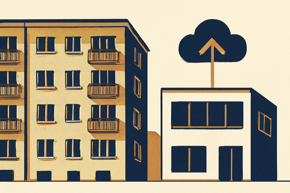 Two‑colour architectural illustration of a German apartment building and a modern office with an upload arrow