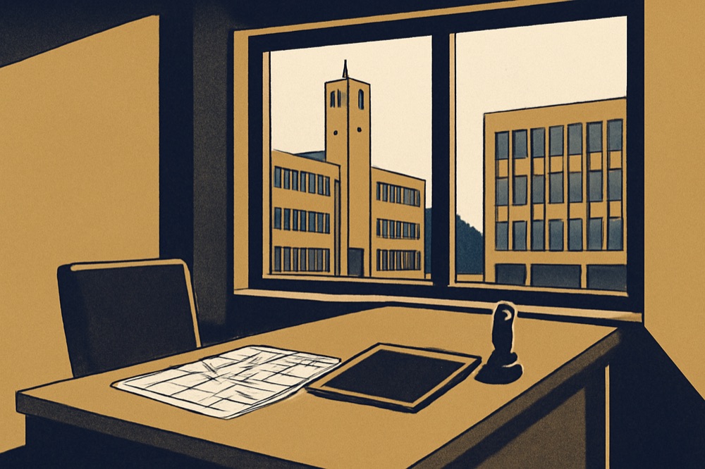 Notarbüro mit Liegenschaftskarte, Tablet und Blick auf das Rathaus