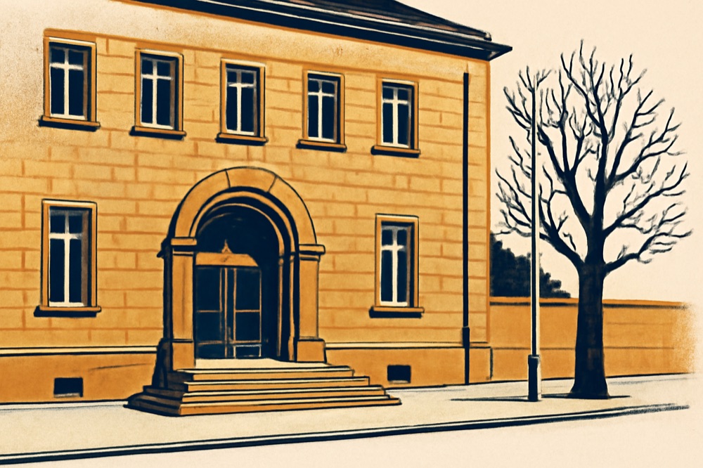 Two‑colour architectural illustration of a mid‑sized German Finanzamt building entrance