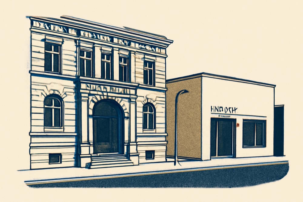 Two-colour illustration of a German district court building and adjacent notary office from the street