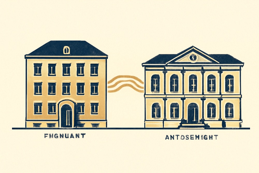 Linienzeichnung eines Finanzamts- und Amtsgerichtsgebäudes, verbunden durch ein stilisiertes digitales Datenkabel