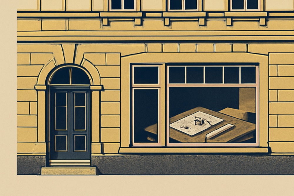 Sandstone notary office façade with desk and stamped documents visible through the window