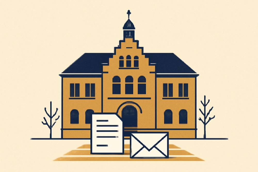 Two‑colour illustration of a town hall facade with a document icon and sealed envelope