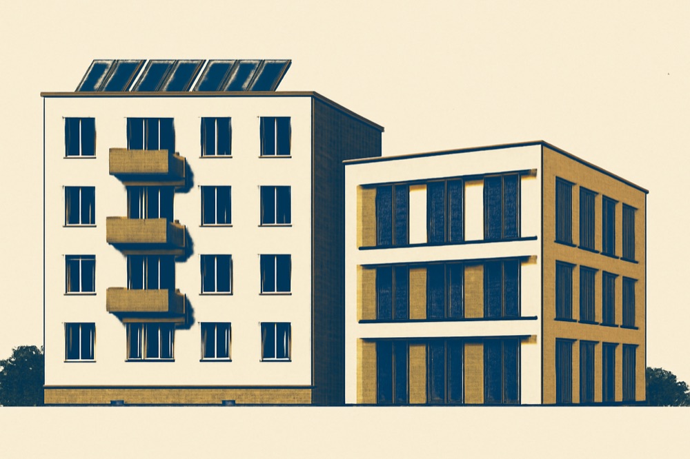 Deutsches Wohnhaus mit Dach‑PV neben kompaktem Verwaltungsgebäude