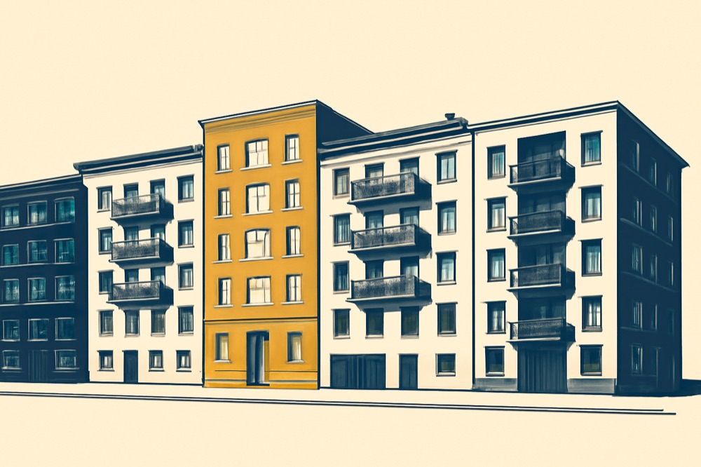 Illustration of a row of five mid‑rise apartment buildings, one highlighted, two‑colour