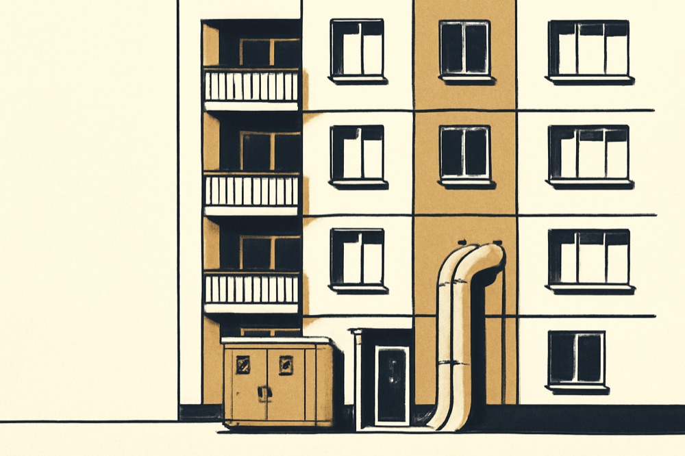 Apartment building exterior with a visible district heating substation cabinet and insulated pipes entering the building.