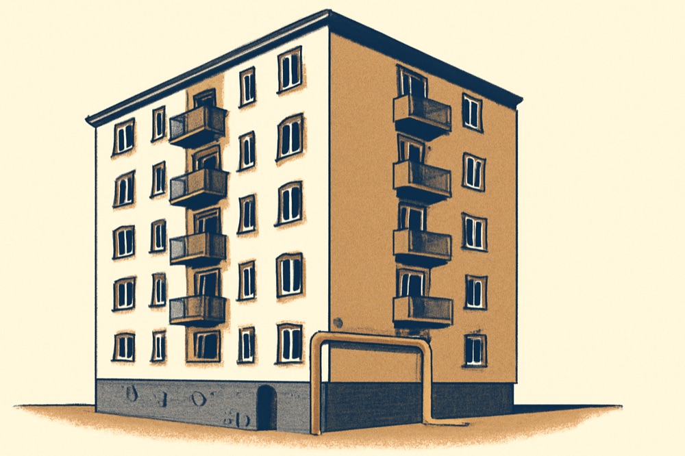 Mid‑rise apartment building with district‑heating pipe entering a basement utility room (two‑colour illustration).