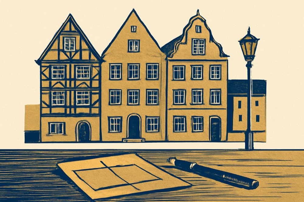 Row of German townhouses; close-up of a land‑register extract and fountain pen on a desk.