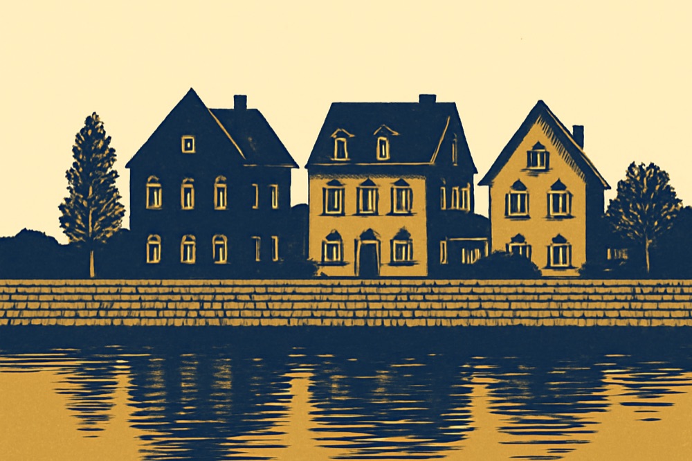 Three German townhouses behind a low flood embankment by a river, two‑colour illustration