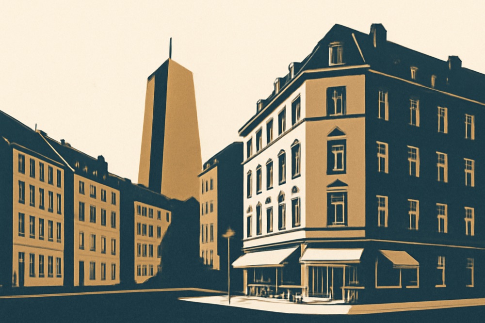 Blockrandbebauung im Frankfurter Westend mit Skyline im Hintergrund