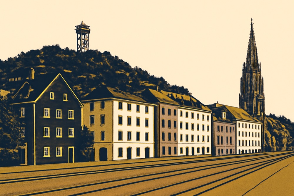 Two‑colour architectural illustration of Freiburg skyline with Schlossberg, residential blocks and tram tracks