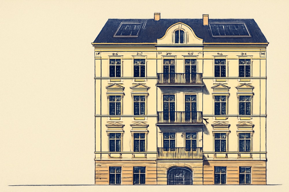 Illustration einer typischen deutschen mehrgeschossigen Wohnhausfassade mit Satteldach und Solarpaneelen