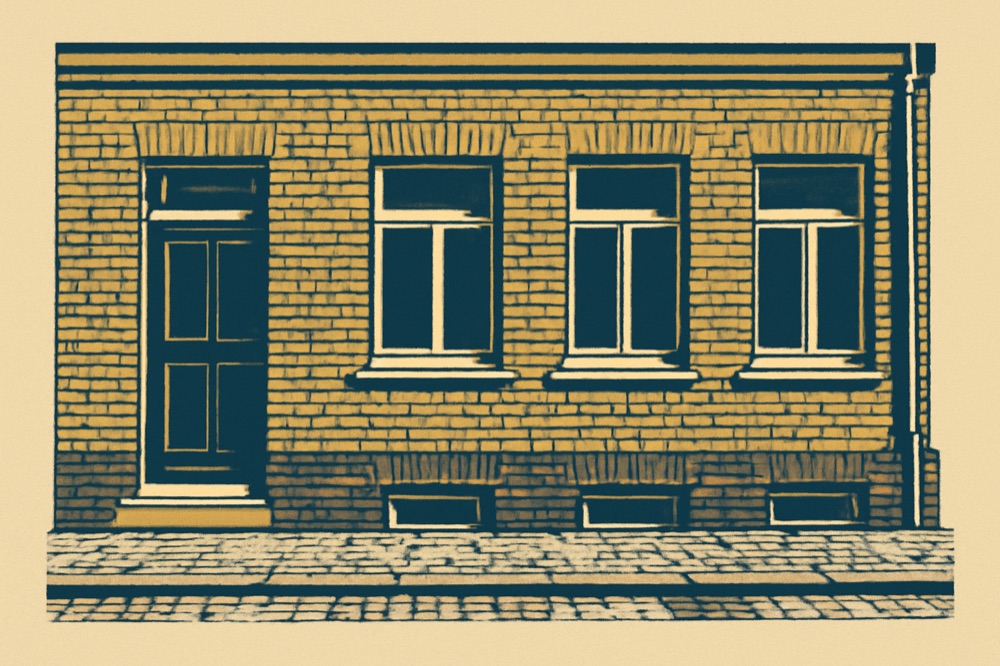 Rowhouse frontage in Gelsenkirchen with curb and rain‑gutter grates.