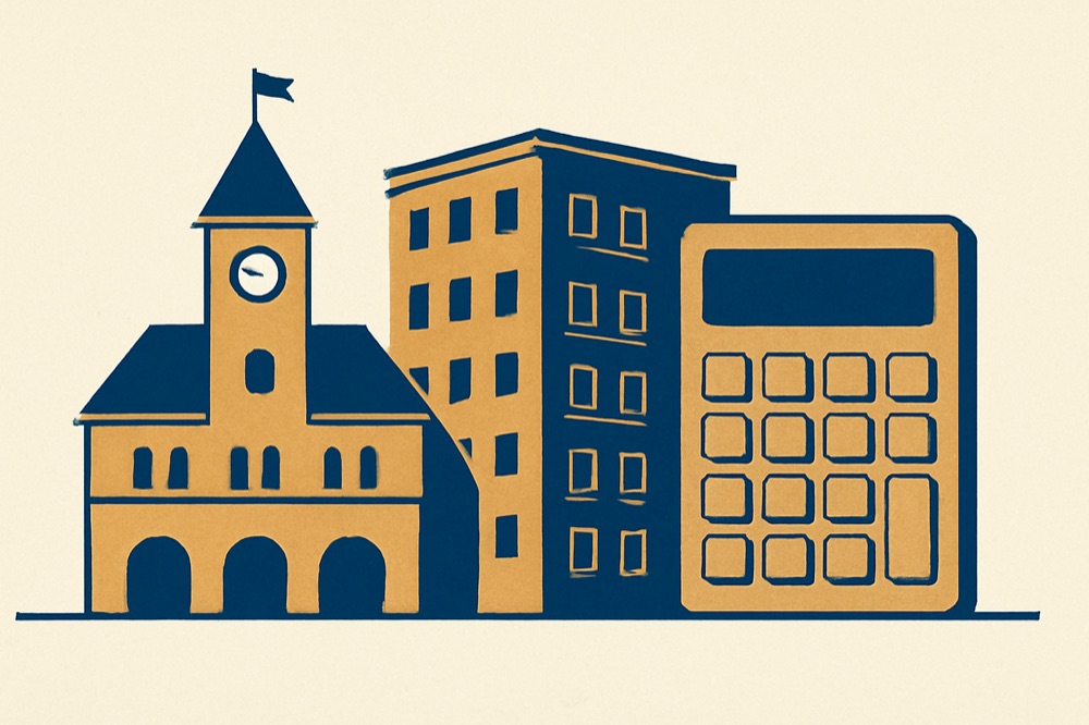 German town hall and apartment block with a calculator