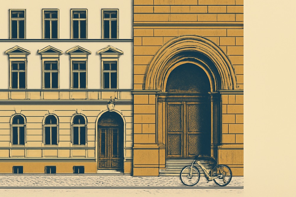 Two-colour line illustration of a Berlin apartment building and the Amtsgericht entrance.