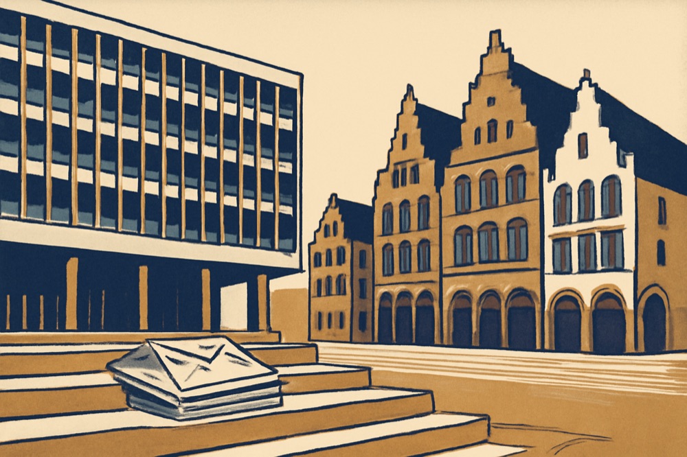 Essen city hall and Münster gabled houses with envelopes on steps