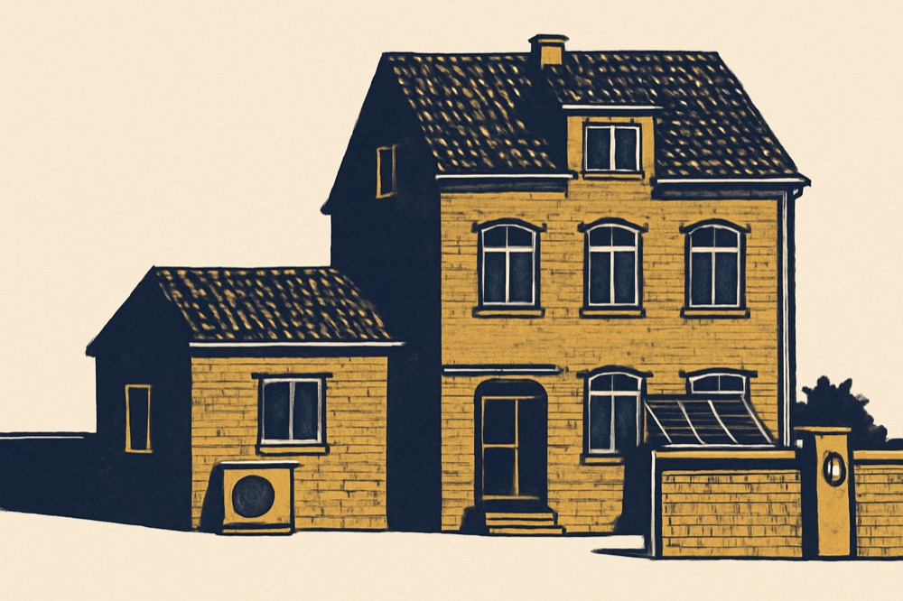 Hamburger Stadthaus mit Wärmepumpe, Wallbox und Balkon‑PV an der Fassade.