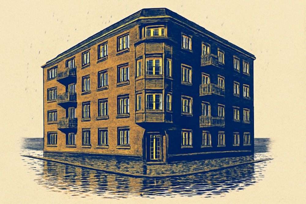 Corner facade of a Hamburg apartment building, red brick with bay windows