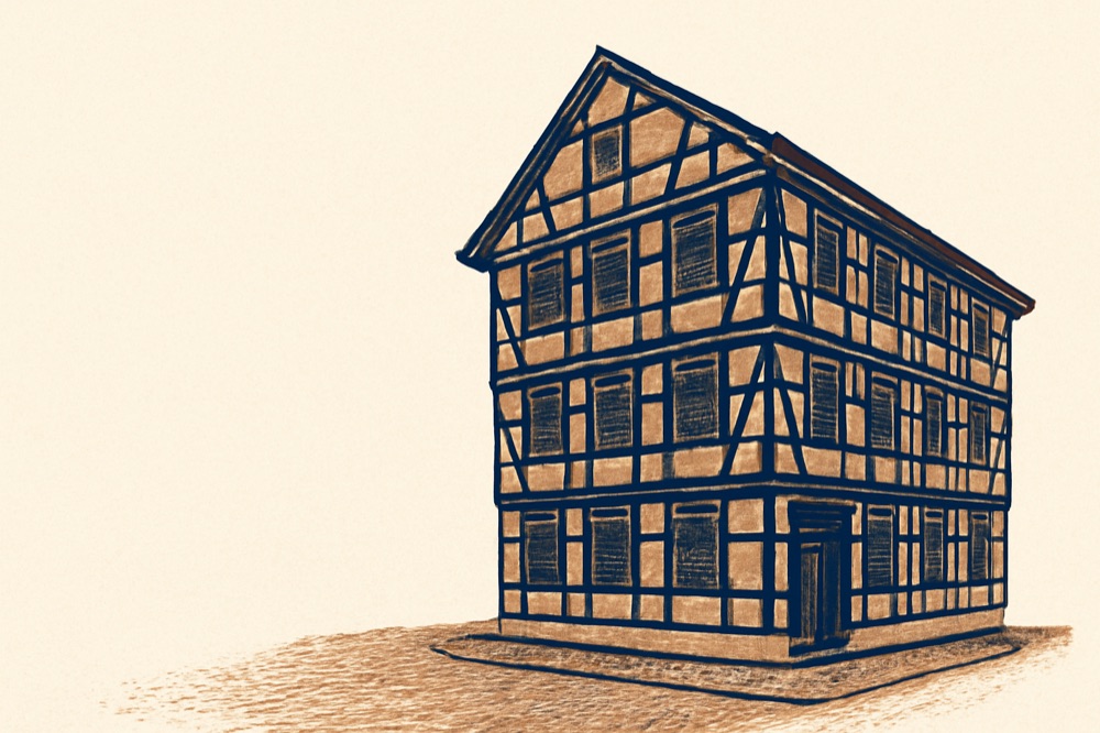Half‑timbered townhouse façade in Hannover’s Altstadt, shutters closed, cobblestone corner