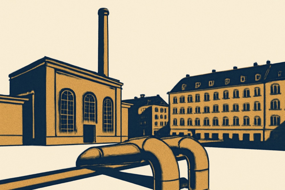 District-heating pipes and CHP plant in a Munich city block