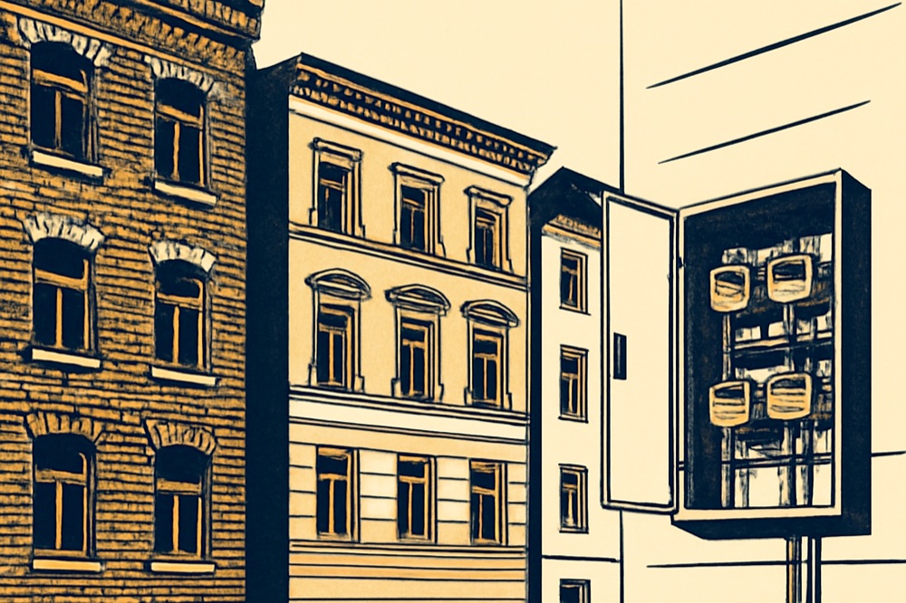 Row of three apartment buildings with close-up of meter cabinet on exterior wall