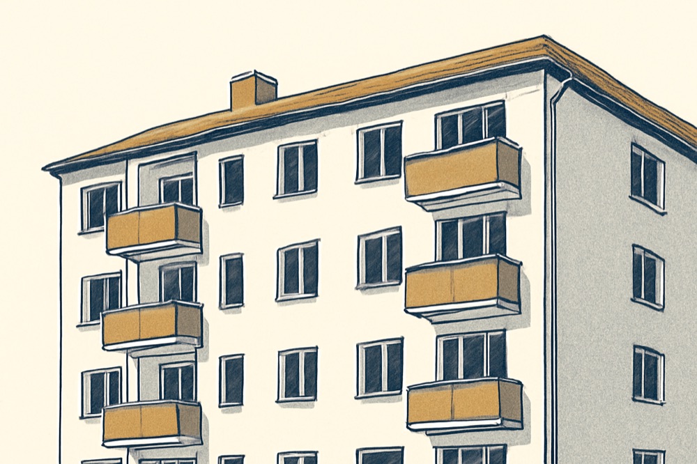 Zweifarbiges Linienbild eines mehrstöckigen deutschen Wohnhauses mit Balkonen und Heizkörperdetails