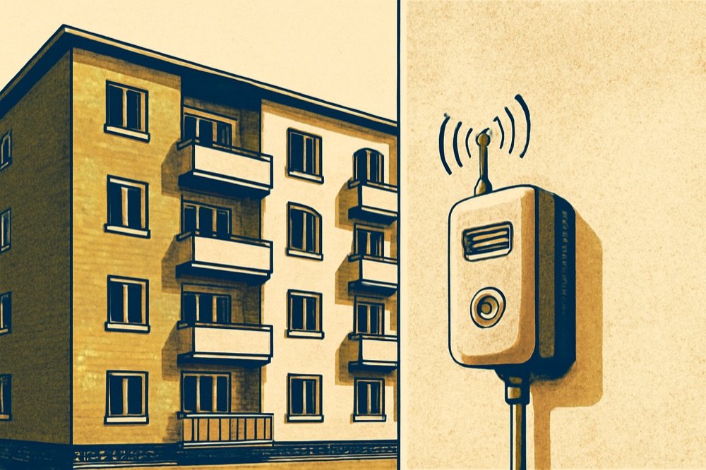 Zweifarbiges Architektur‑Illustration eines mehrstöckigen Wohnhauses mit Nahaufnahme eines externen Funk‑Heizkostenverteilers und Antenne.