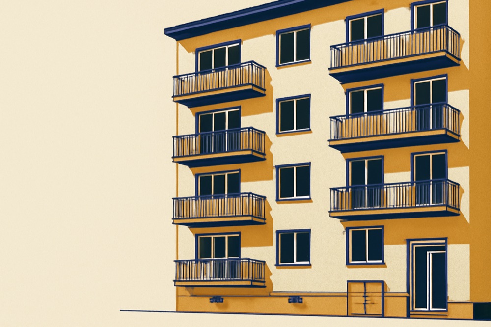 Two‑colour illustration of a German mid‑rise apartment block facade with balconies and a meter cabinet