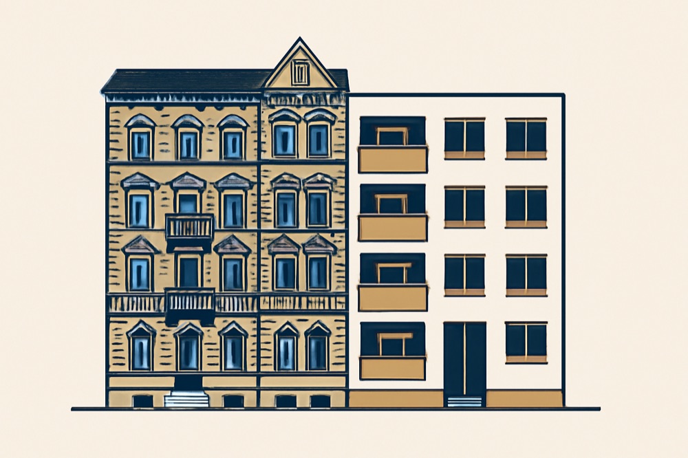 Zwei nebeneinander stehende Wohnhausfassaden (Gründerzeit und moderner Block), zweifarbige Architekturillustration