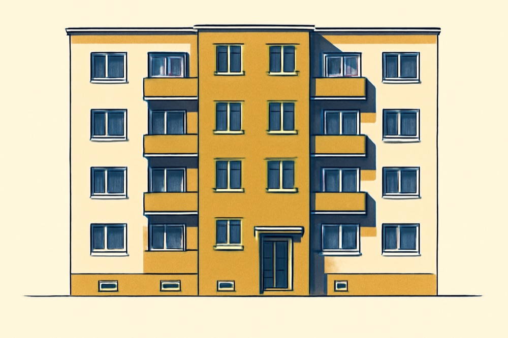 Zweifarbige Illustration einer mehrstöckigen Wohnhausfassade mit Heizkörpergittern und einem Zählerkasten auf Straßenniveau