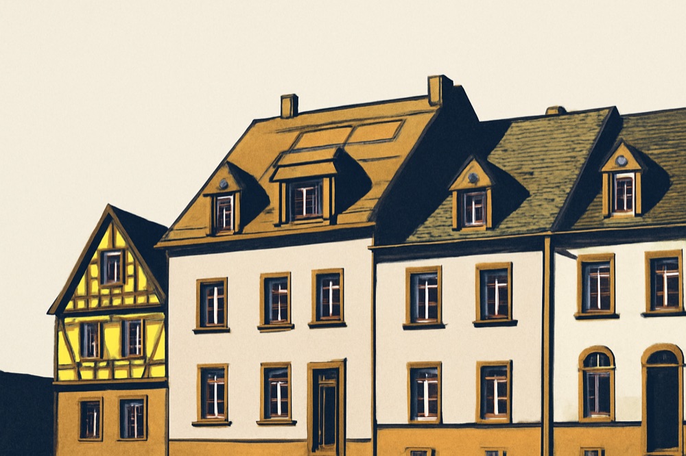 Frankfurter Reihenhäuser mit Gauben und schematischem Dachausbau