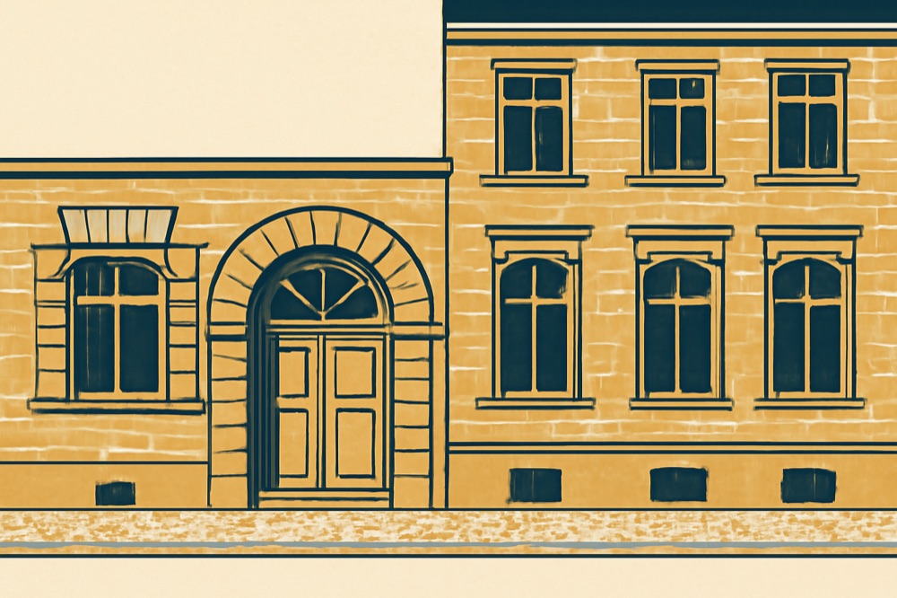 Two-colour architectural illustration of a German notary office and land-registry building exterior