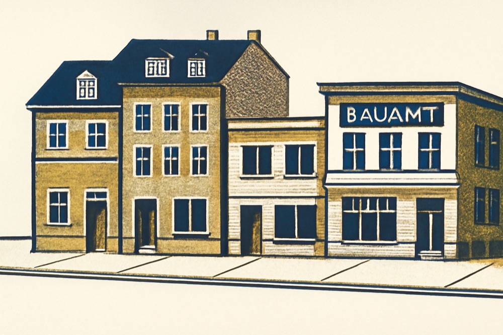 Row of mixed‑use German buildings with parcel boundaries and a municipal building