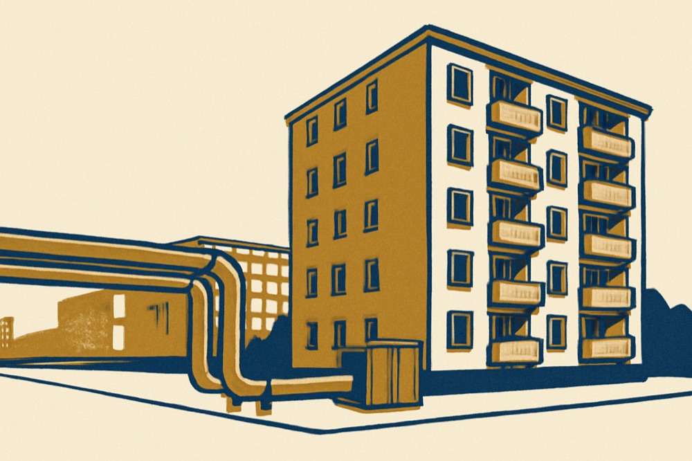 Mehrgeschossiges Wohnhaus mit sichtbaren Fernwärmeleitungen und kleiner Übergabestation, zweifarbig illustriert