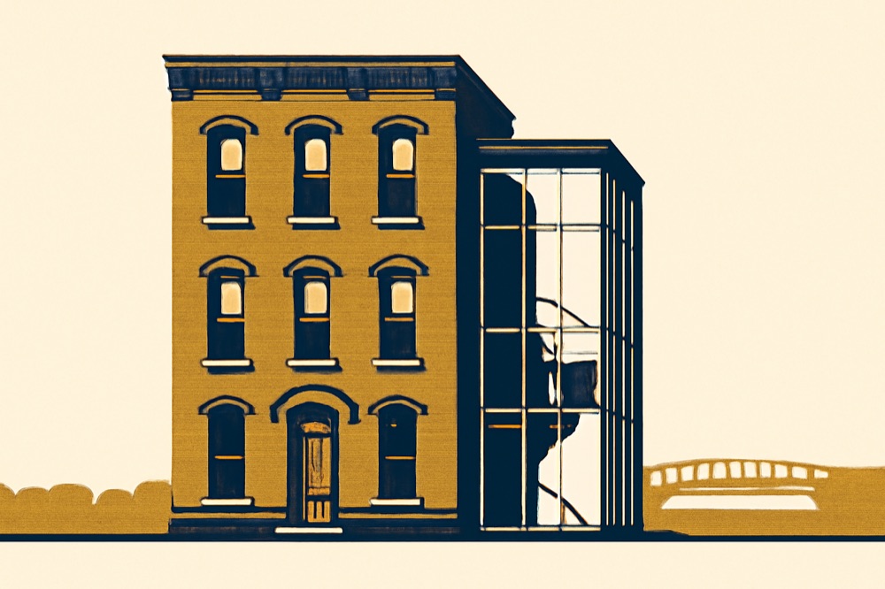 Two‑colour architectural illustration of a brick Gründerzeit apartment building with a modern glass extension and a bridge silhouette in the background.