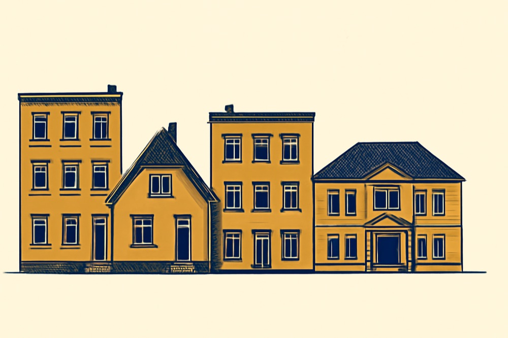 Row of modest apartment buildings and single‑family house beside a municipal office — two‑colour architectural illustration