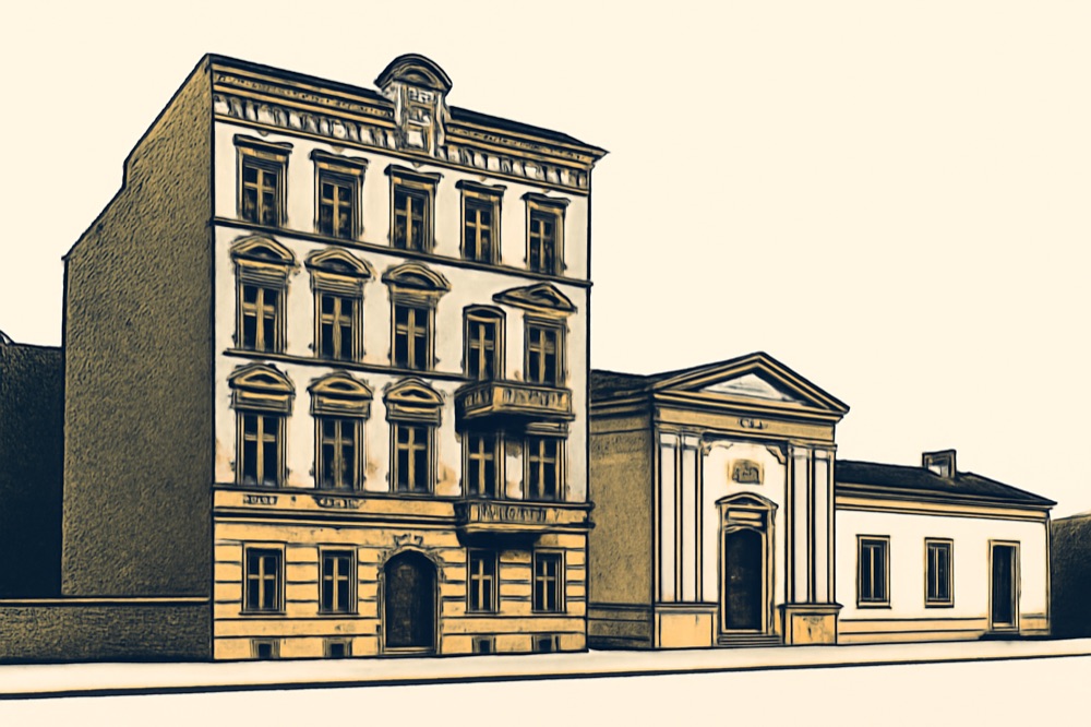 Illustration of a Berlin-style prewar apartment block next to a municipal registry office and a notary building