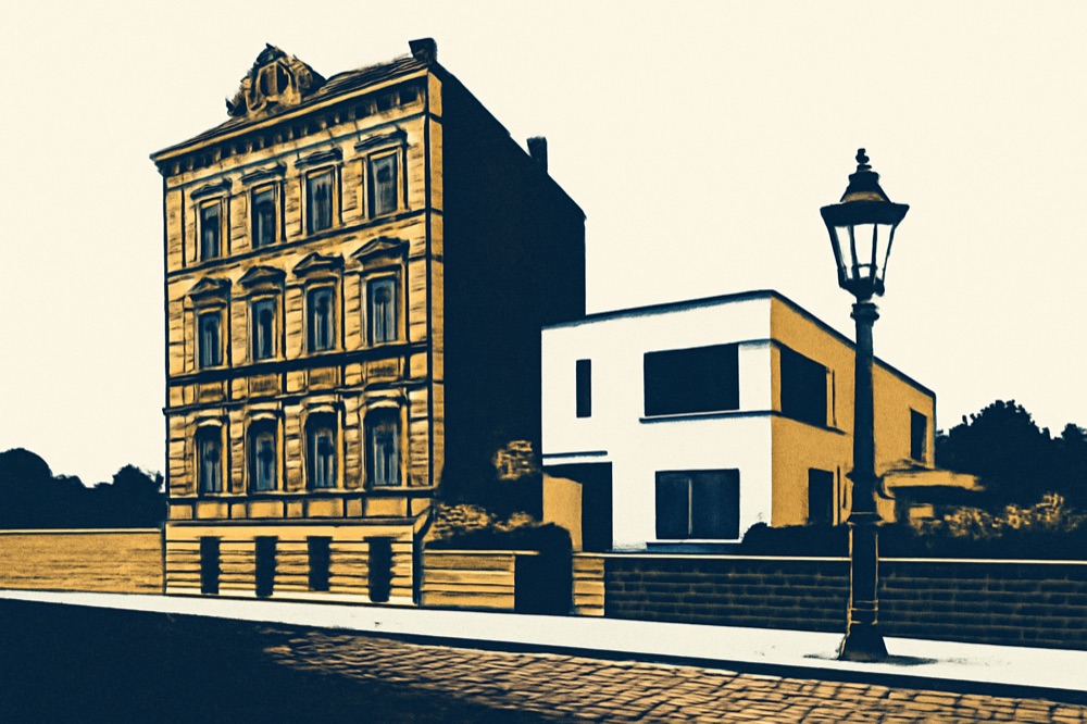 Two‑colour illustration of a Gründerzeit townhouse and a nearby modern villa with cobbles and street lamp
