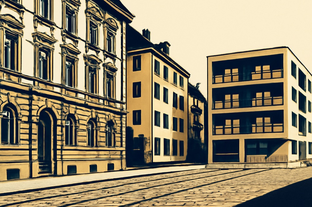 Zweifarbige Architekturillustration: Karlsruher Stadthäuser und modernes Wohngebäude