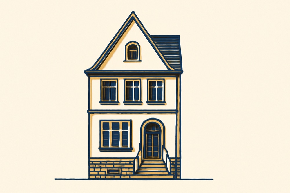 Two‑colour line drawing of a German townhouse with gabled roof and steps