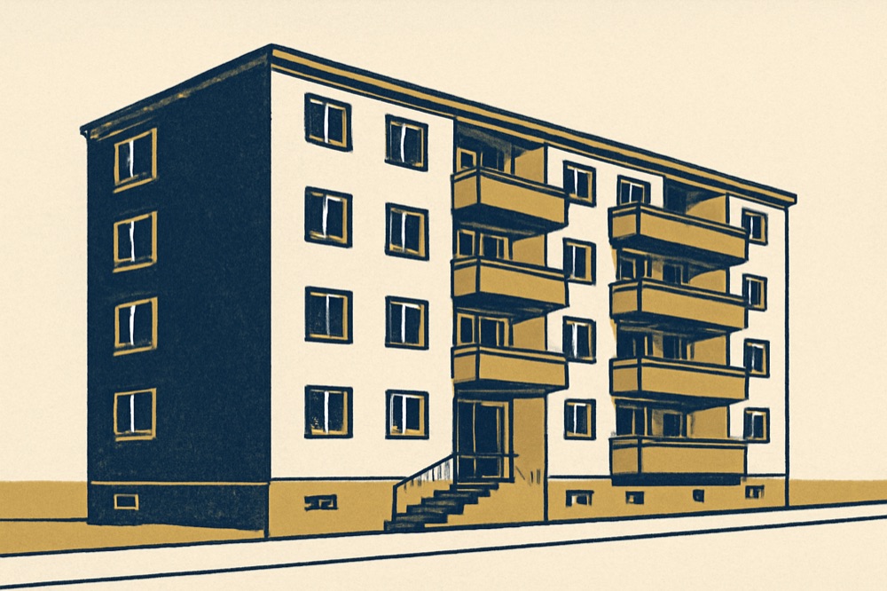 Zweifarbige Ansicht eines deutschen Mehrfamilienhauses mit Eingangsrampe und Balkonen