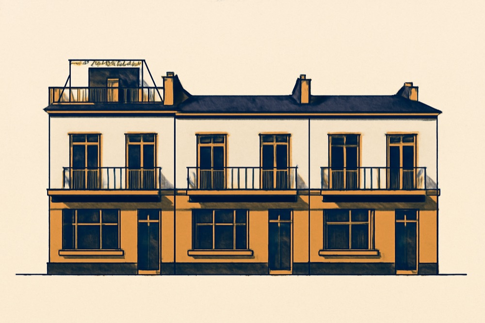 Illustration ehemaliger Ladengeschäfte, umgebaut zu Wohnungen mit Balkonen und Dachterrasse