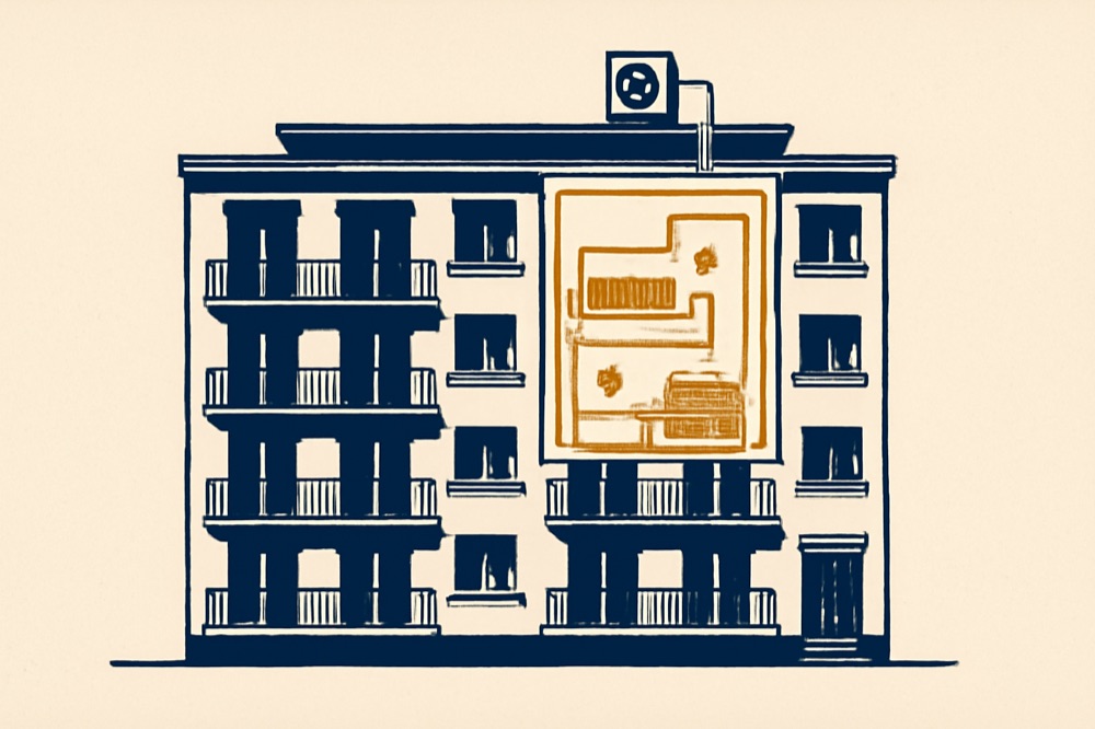 Cross‑section of apartment block with highlighted apartment heating pipework and rooftop heat pump (two‑colour)