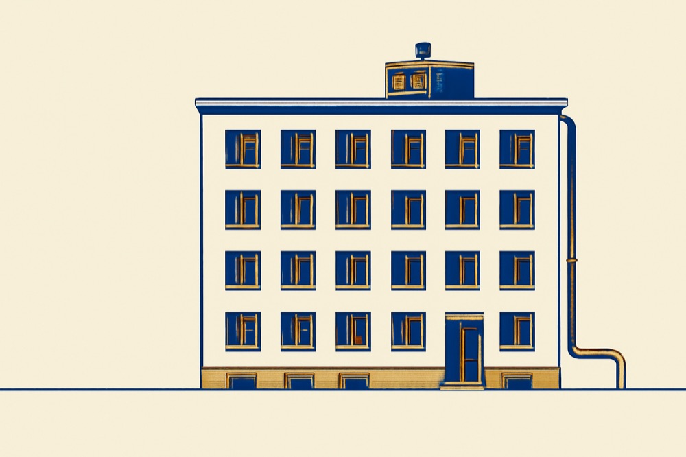 Fünfgeschossiger Wohnblock mit Dach‑KWK und Fernwärmeleitung, zweifarbige architektonische Illustration